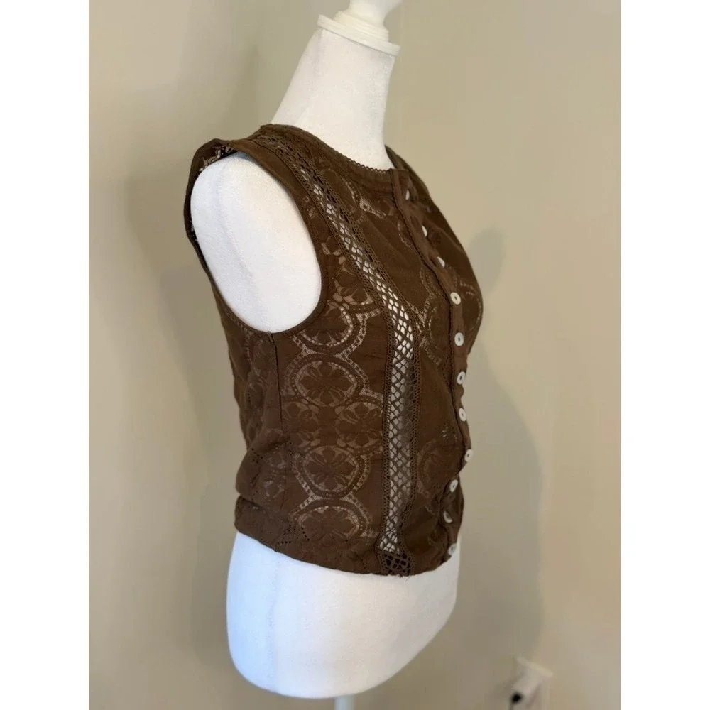 Free People Jae Knit Top Brown Cutwork Lace Detail Button Closure Size S
